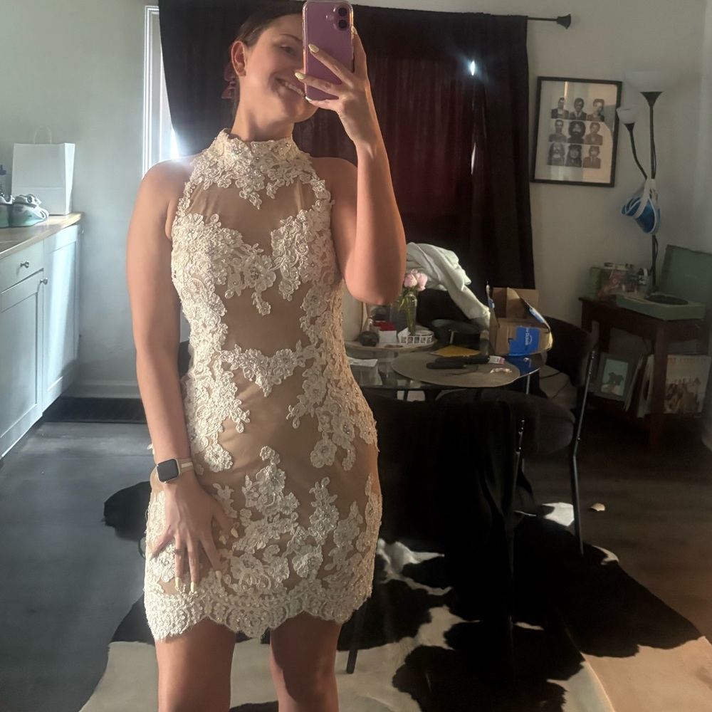 Sherri Hill Cream Lace Backless Dress
